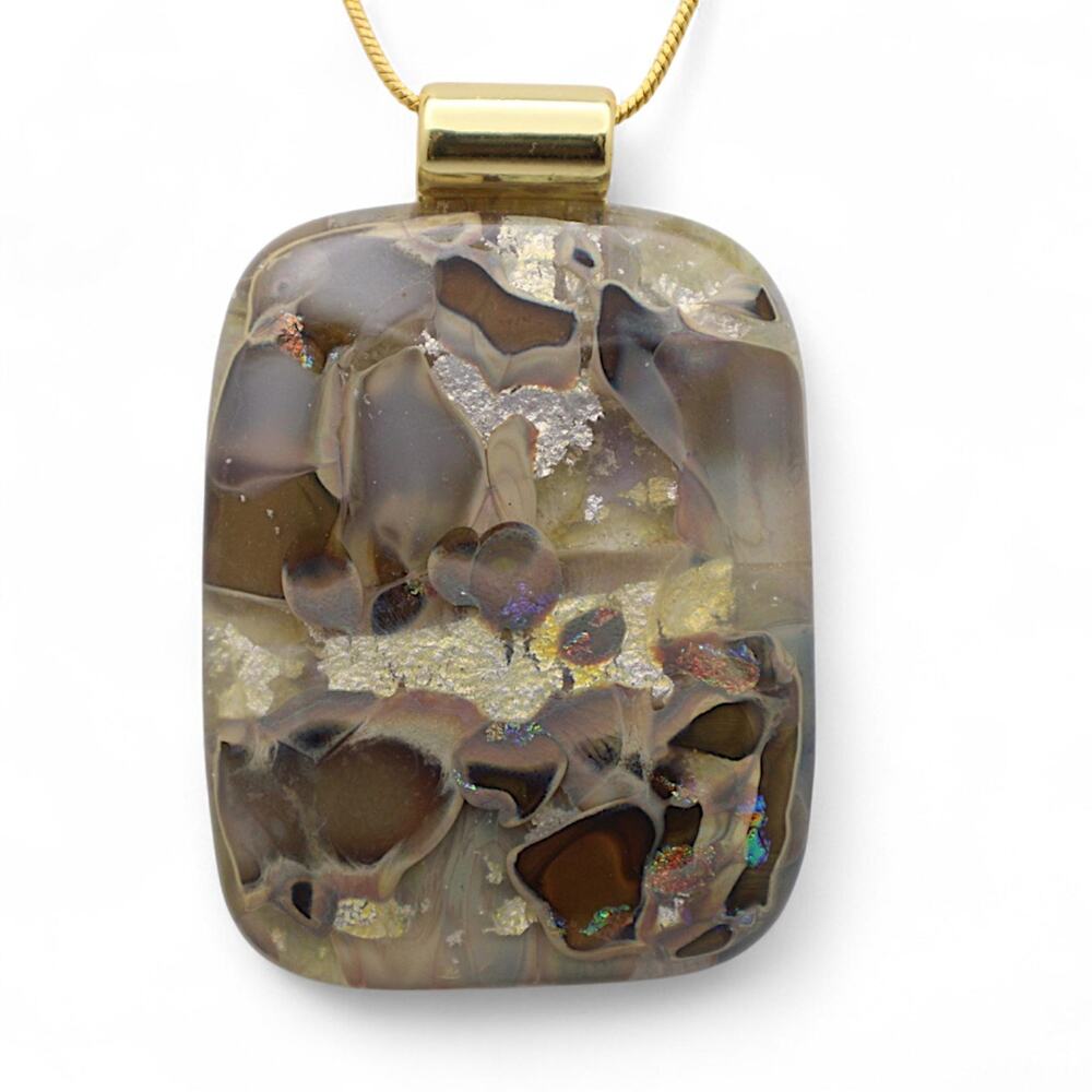 Rectangular Shaped- Custom Glass Fused Gem, Earth Tones 18" chain. 1.25 x 1.5"